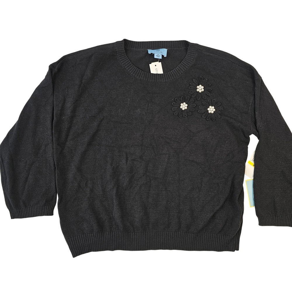 CeCe Womens Black Floral Applique Pearl Crewneck Sweater Size M NWT